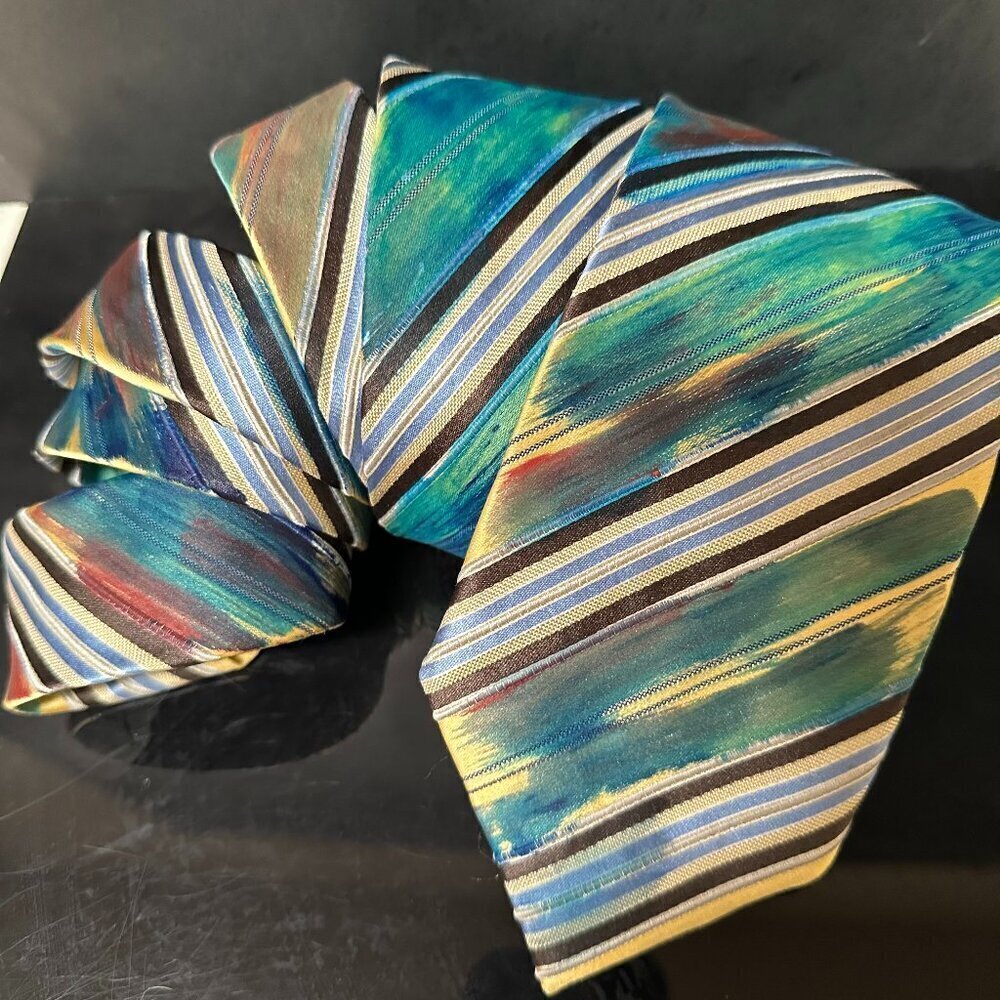Ermenegildo Zegna Hand Painted SilkTie Striped Necktie Abstract Art Upcycle Red
